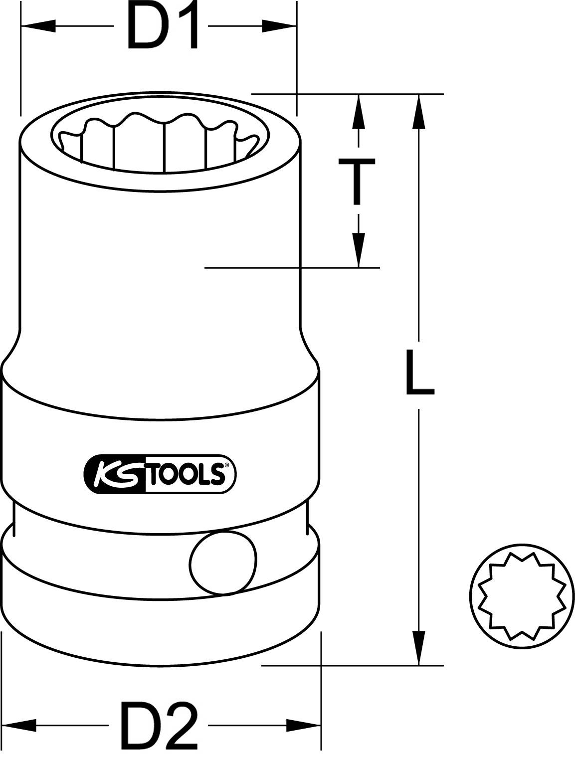 Steckschlüssel-Diagramm mit Beschriftungen: D1, D2 für Durchmesser, L für Länge, T für Wandstärke, und KS Tools Logo; Rändelmutter dargestellt.