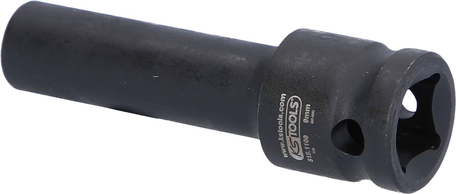 Ein schwarzer Steckschlüssel aus Metall, geeignet zum Lösen von Muttern und Schrauben. Aufschrift 'KS Tools' auf der Seite.