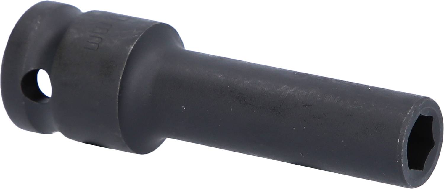Ein schwarzer Stecknussadapter mit Sechskant-Schaft und Rundloch. Verwendet zum Verbinden von Werkzeugteilen.