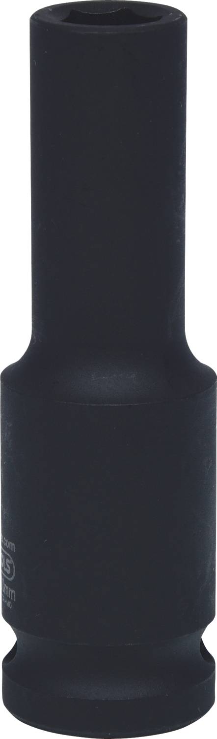 Ein dunkler, zylindrischer Steckschlüsseleinsatz mit verlängerter Form, geeignet zum Lösen oder Anziehen von Schrauben und Muttern.