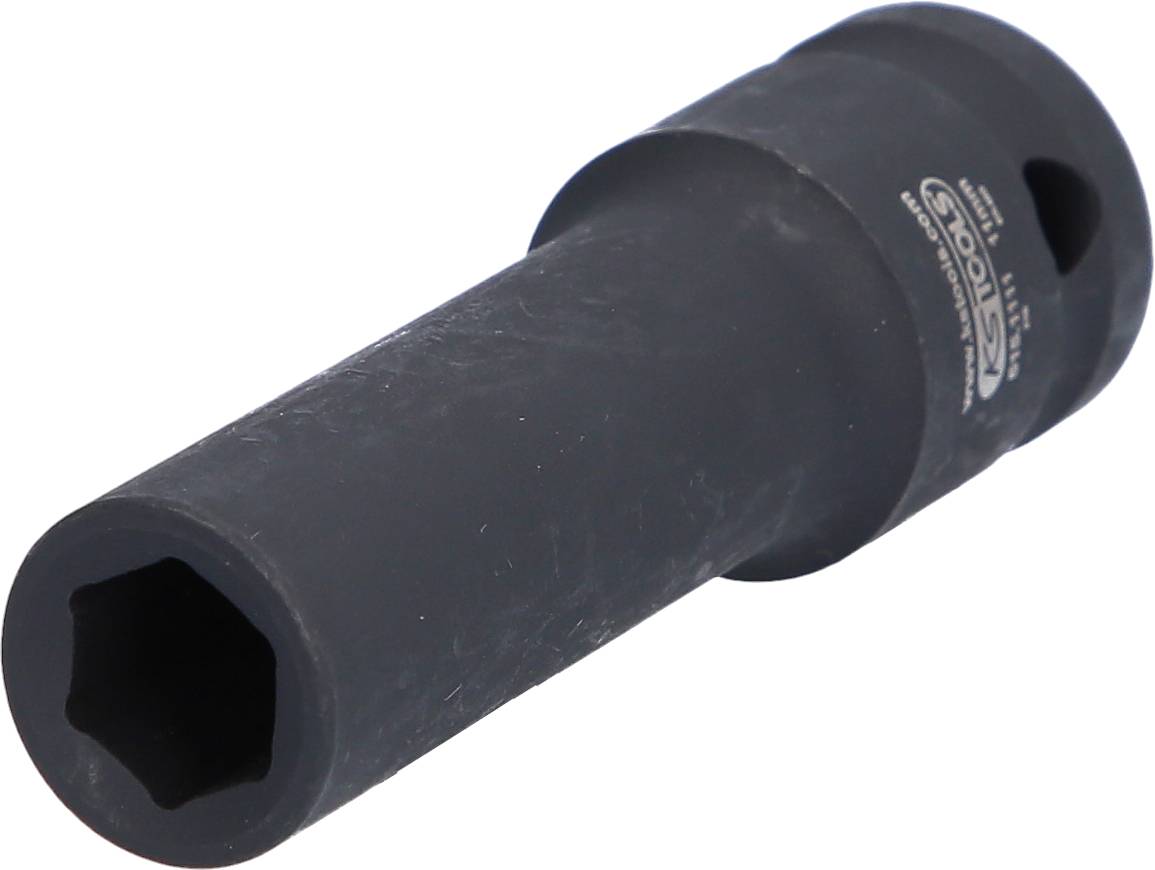 Eine schwarze Sechskant-Nuss, zylindrisch geformt, verwendet für das Lösen oder Festziehen von Schrauben oder Muttern.