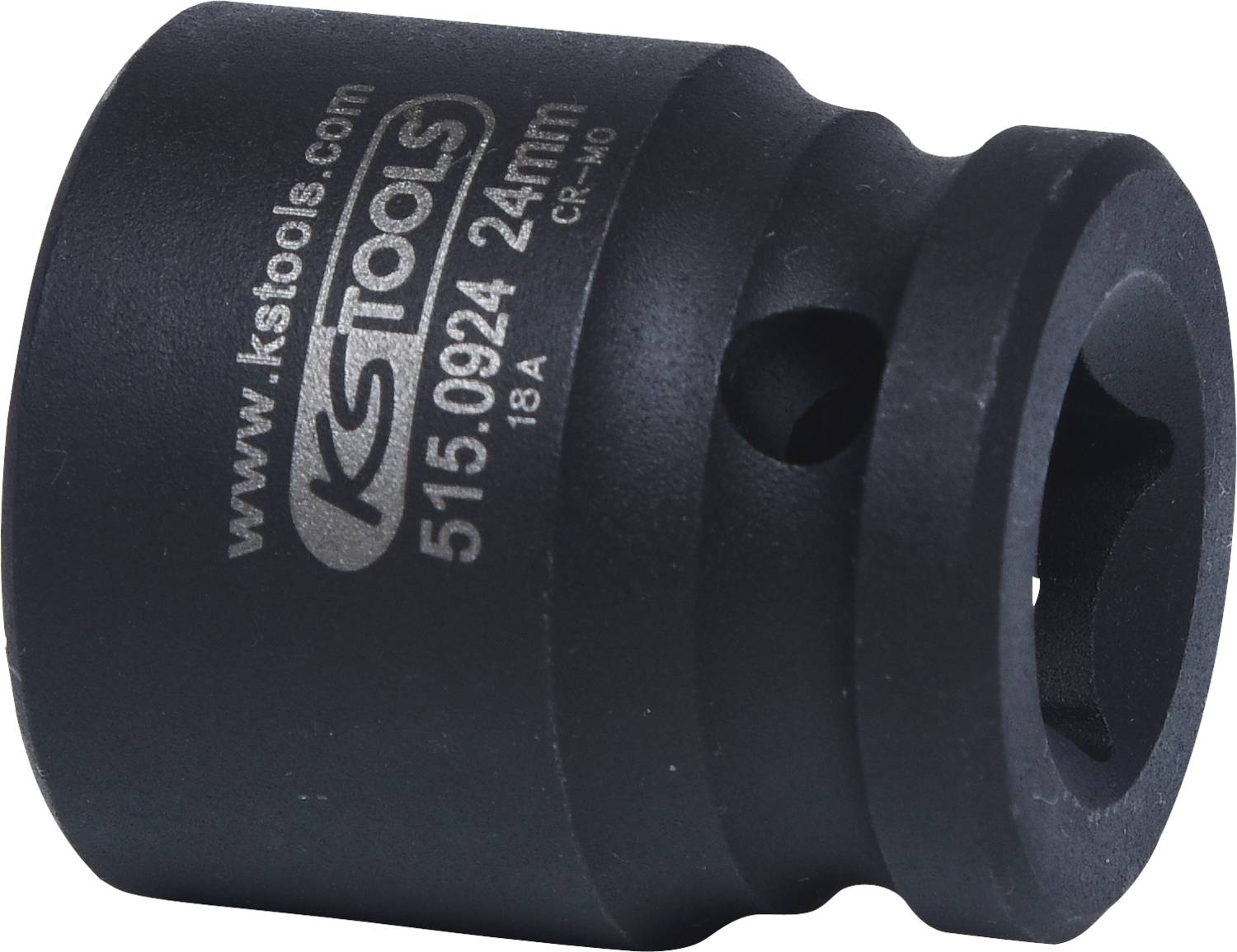 Steckschlüsseleinsatz aus Metall mit seitlichem Loch und Aufschrift 'www.kstools.com 515.0924 24mm'.