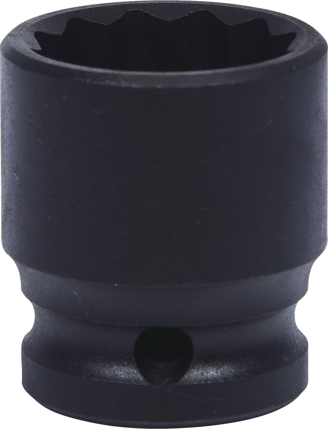 Eine schwarze Stecknuss mit sechskantigem Innenprofil, verwendet zum Schrauben von Muttern und Schrauben.