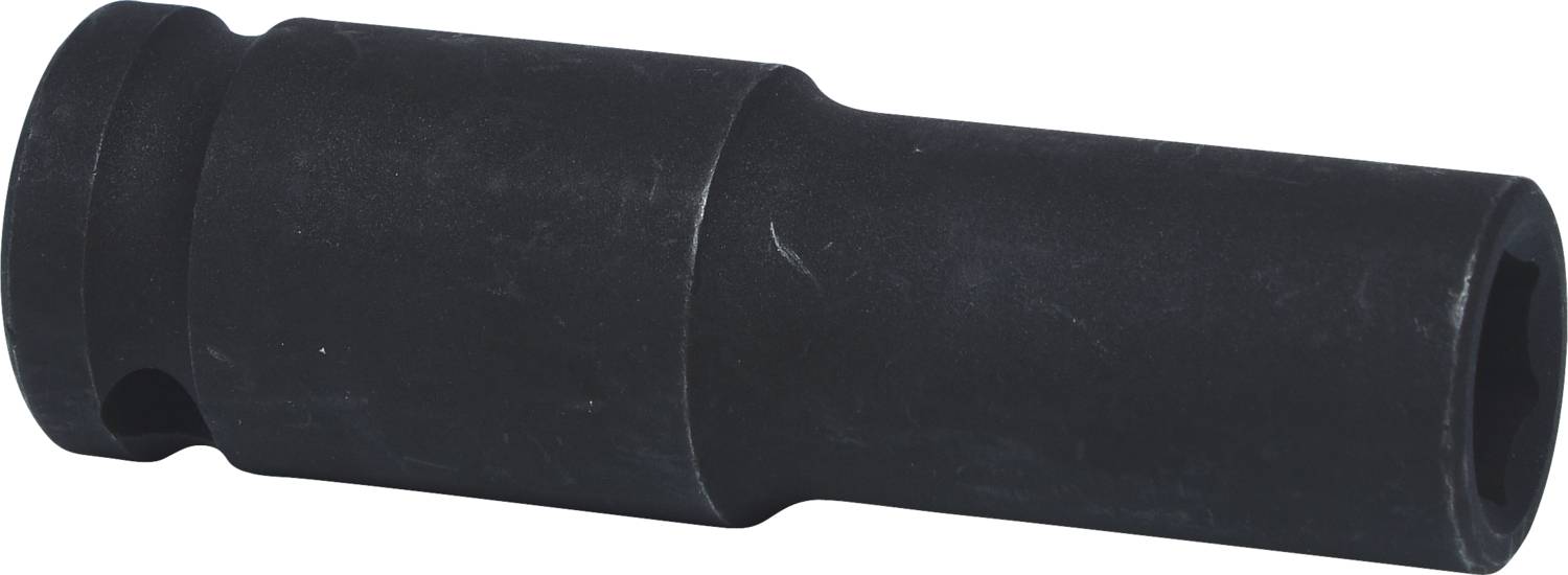 Schwarzer Steckschlüsselaufsatz aus Metall, zylindrische Form, mit sechskantiger Öffnung an einem Ende.