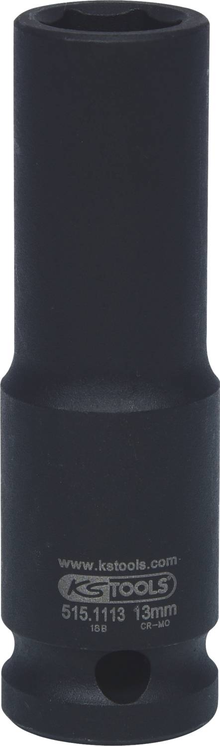 Schwarze Stecknuss für Schraubenschlüssel, 13 mm Größe. Auf der Oberfläche stehen 'KS Tools' und '515.1113'.
