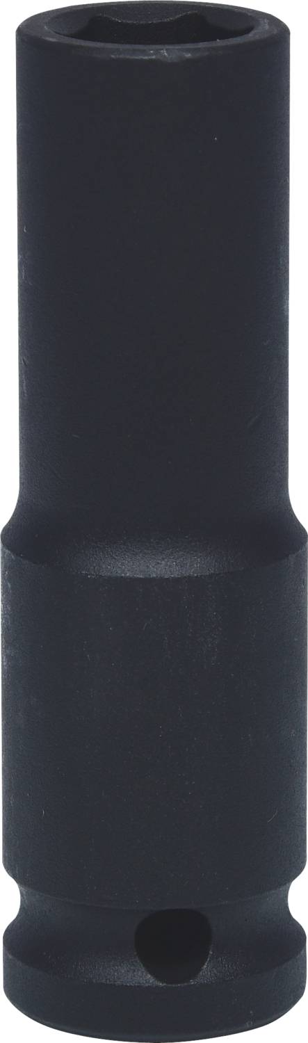 Schwarzer, zylindrischer Tiefen-Steckschlüssel aus Metall, verwendet zum Schrauben mit sechskantigen Köpfen.