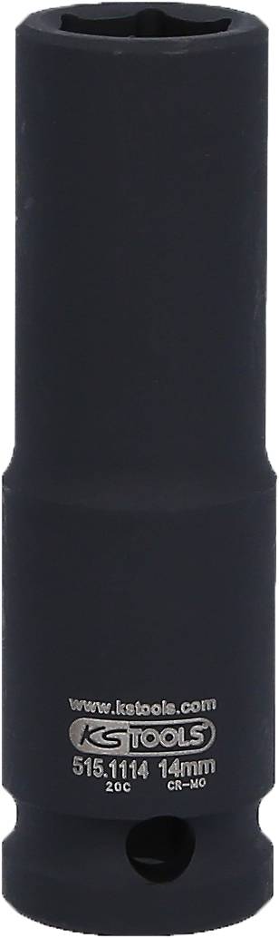 Ein schwarzer Steckschlüsseleinsatz von KS Tools, Größe 14mm, geeignet für Sechskantschrauben. Ideal für das Arbeiten mit Autoteilen.
