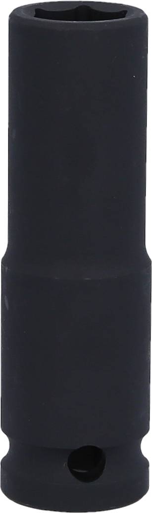 Ein schwarzer, zylindrischer Werkzeugaufsatz, wahrscheinlich eine Stecknuss, mit einer Öffnung an einem Ende zur Befestigung.