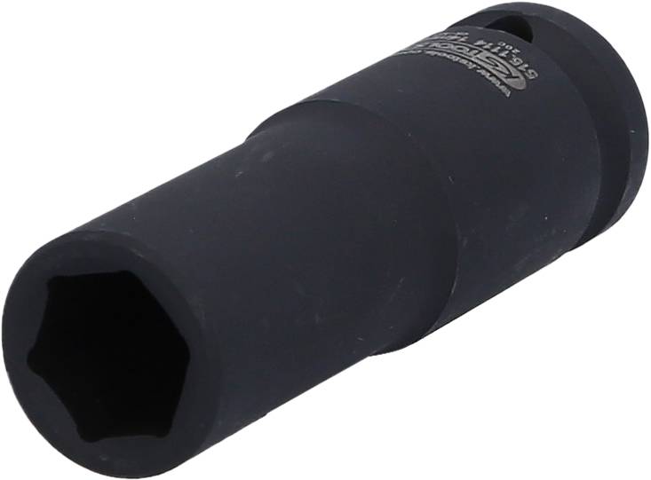 Ein schwarzer Steckschlüssel mit sechseckiger Öffnung, geeignet für den Gebrauch mit einer Ratsche oder einem Drehmomentschlüssel.