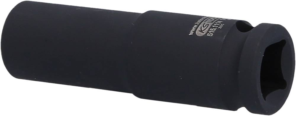 Stecknuss aus Metall mit sechseckiger Öffnung, schwarz beschichtet, für Werkzeugeinsatz.