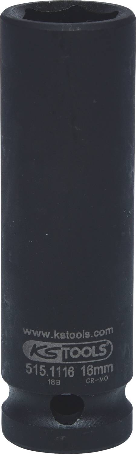 Eine schwarze Stecknuss von KS Tools mit der Aufschrift '16 mm', aus CR-MO Material.