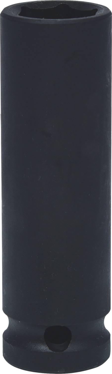 Ein schwarzes, zylindrisches Metallwerkzeug mit einem sechskantigen Innenraum, möglicherweise ein Steckschlüssel oder Nuss.