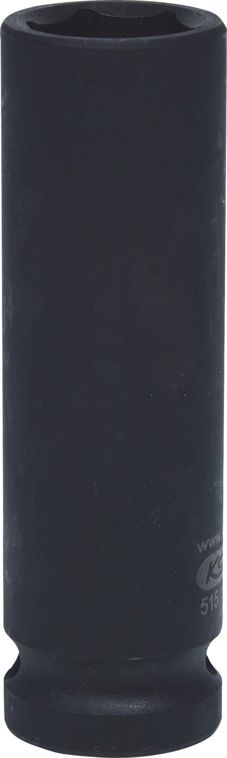 Eine schwarze Stecknuss, zylindrisch mit einem Sechskantprofil, wird stehend dargestellt, vermutlich ein Werkzeugaufsatz.