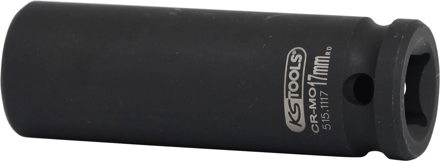 Schwarze Kfz-Stecknuss der Marke 'KSTools', 17 mm, mit sechskantiger Öffnung und seitlichem Loch für verbesserten Halt. Ideal für Werkzeuge.