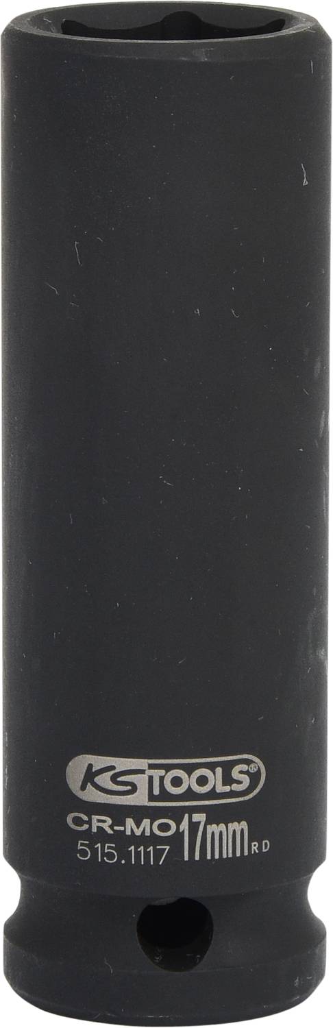 Ein schwarzer Steckschlüssel mit der Aufschrift 'KSTOOLS CR-MO 17mm'. Verwendet zum Festziehen oder Lösen von Schrauben und Muttern.