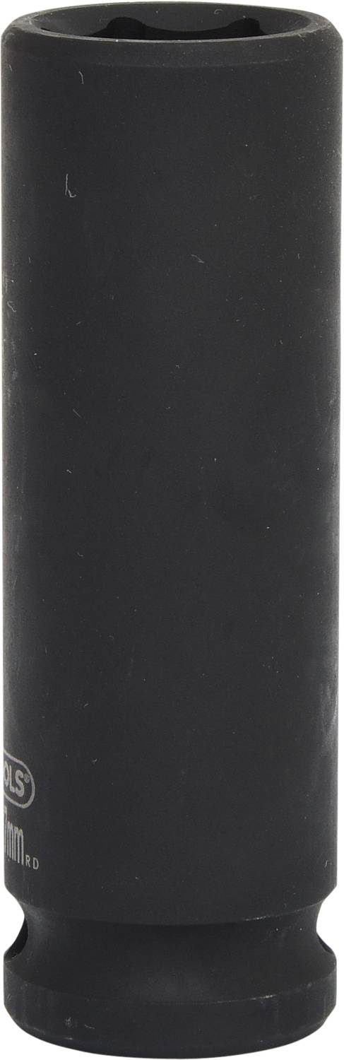 Eine schwarze, zylindrische Stecknuss in Nahaufnahme, die zum Lösen oder Festziehen von Schrauben verwendet wird.