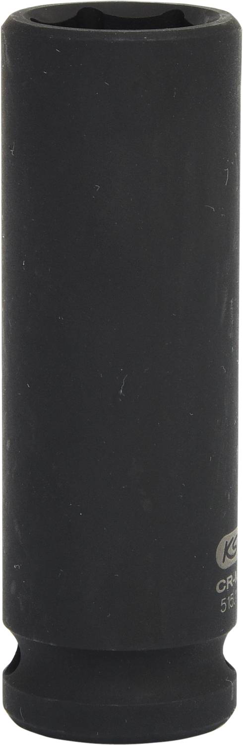 Ein schwarzer Steckschlüsseleinsatz aus Metall, zylindrische Form.