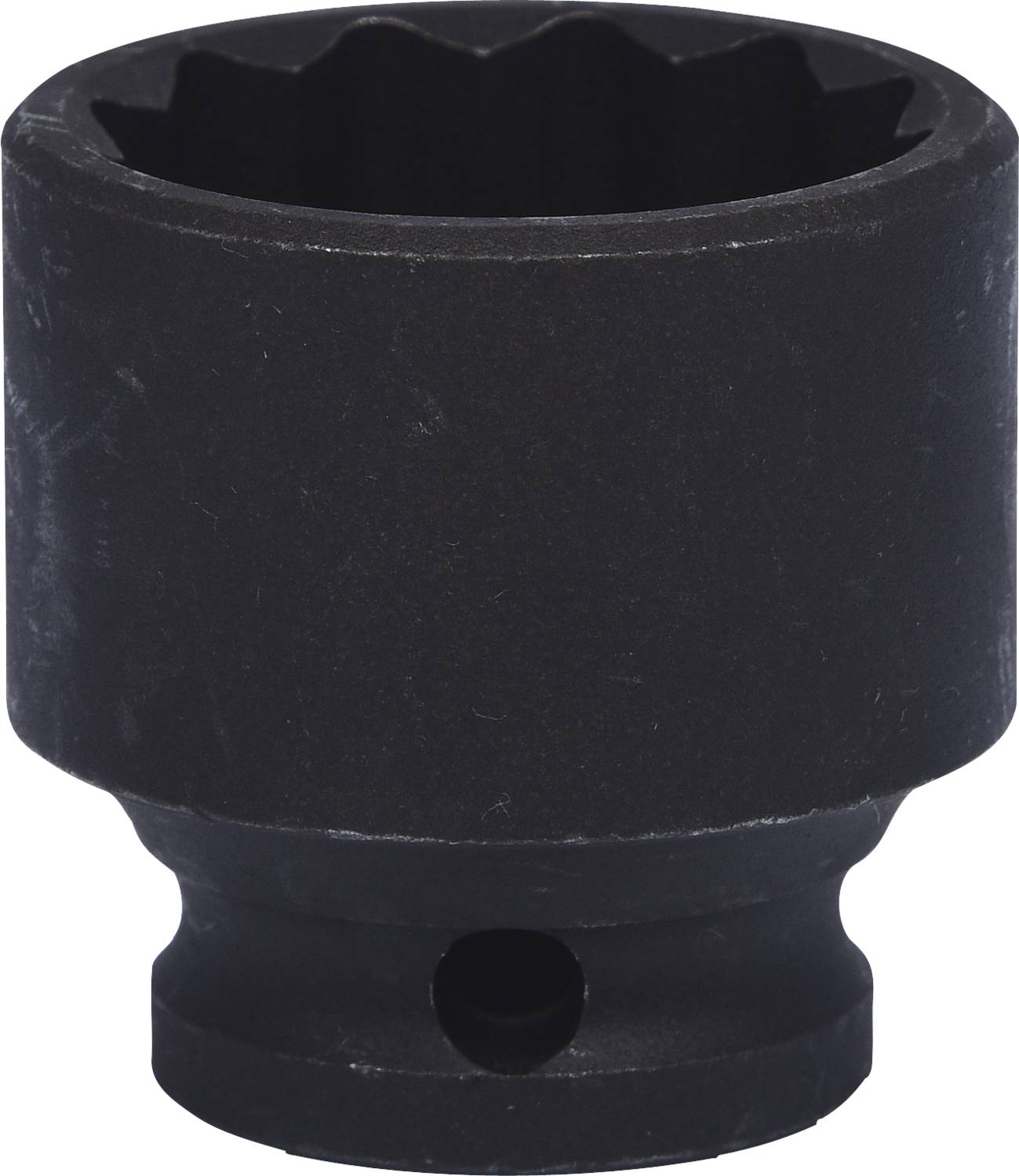 Eine schwarze Stecknuss aus Metall mit Innenverzahnung, die für die Verwendung mit einem Schraubenschlüssel oder einer Ratsche geeignet ist.