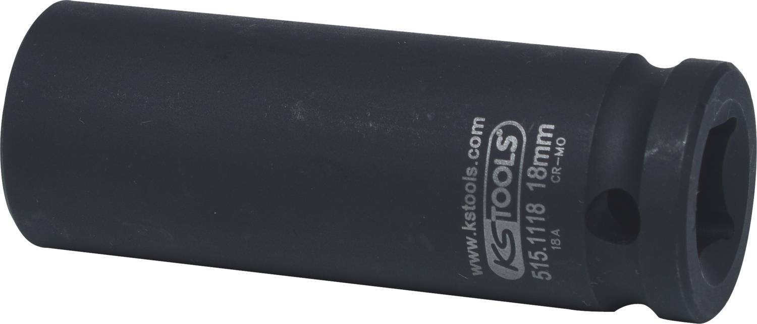 Stecknuss aus Metall, schwarz, mit Prägung 'KSTOOLS 18mm'. Verwendet für Schraubarbeiten, speziell bei schweren Maschinen oder Fahrzeugen.