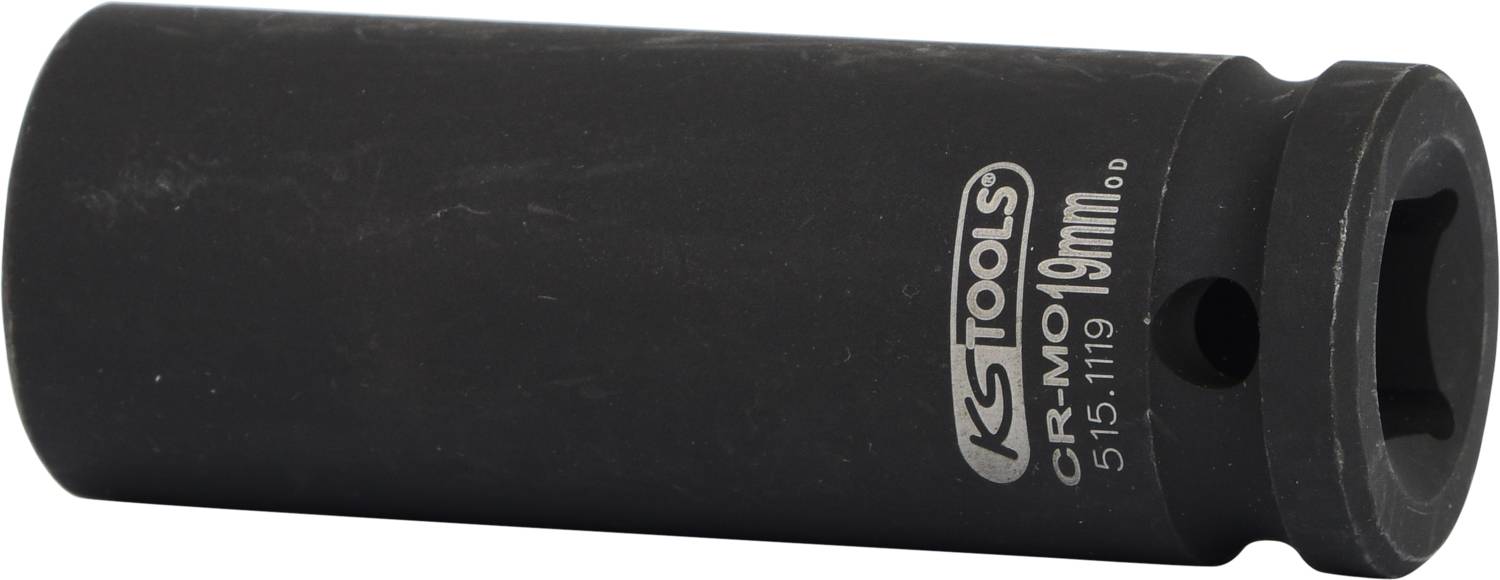 Abgebildet ist eine schwarze Stecknuss von KS Tools mit der Größe 19 mm. Sie besteht aus Chrom-Molybdän-Stahl und hat eine sechskantige Öffnung.