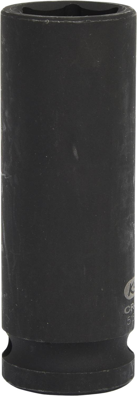 Schwarzer Metallzylinder, wahrscheinlich ein Werkzeugaufsatz, mit schmalem Loch oben und breitem Sockel unten.