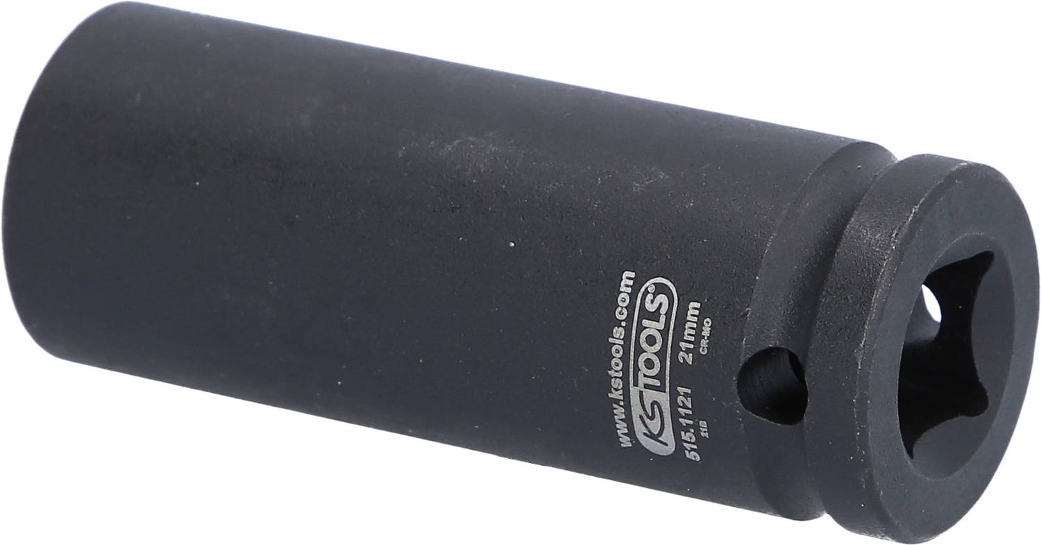 Langnuss-Schraubenschlüssel, 21 mm, schwarzes Metall, mit hexagonaler Öffnung und Markenkennzeichnung darauf.