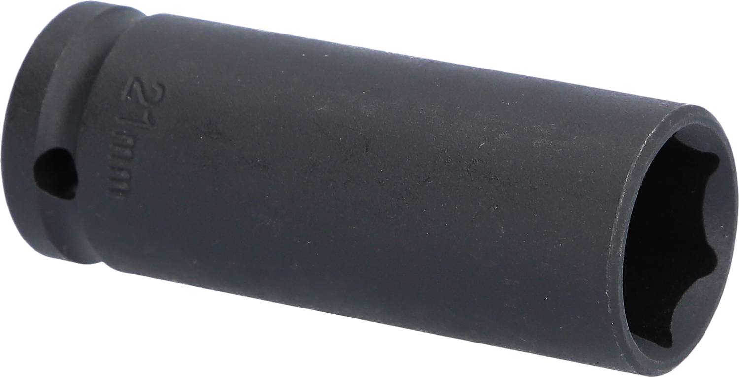 Eine schwarze Stecknuss mit der Aufschrift '21 mm', zylindrische Form, geeignet für Schraubarbeiten.