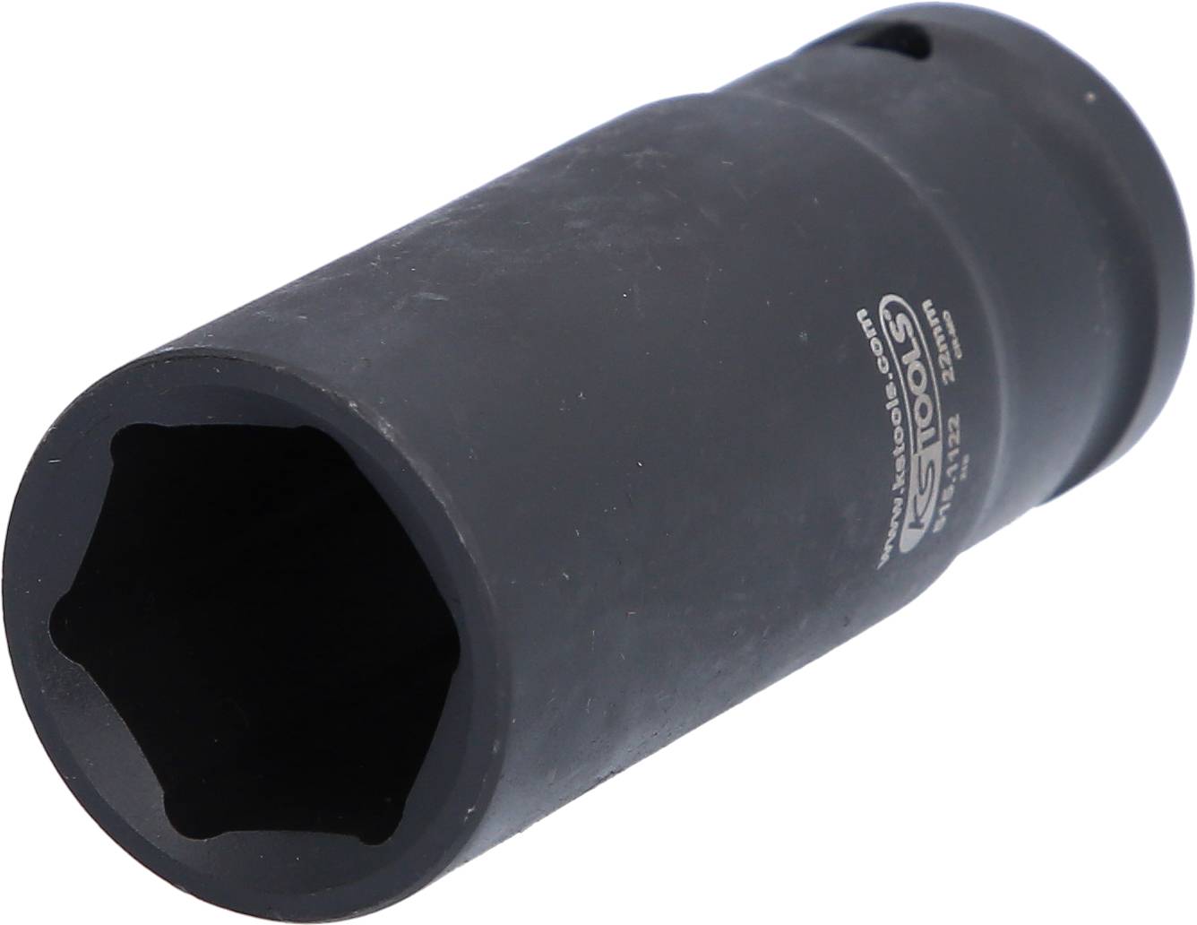 Eine schwarze Stecknuss mit sechseckigem Inneren und Markenlogo. Sie wird für Schraubarbeiten genutzt.