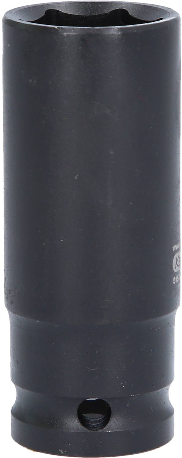 Eine schwarze Stecknuss, zylinderförmig und aus Metall, möglicherweise für den Maschinenbau oder Reparaturarbeiten verwendet.