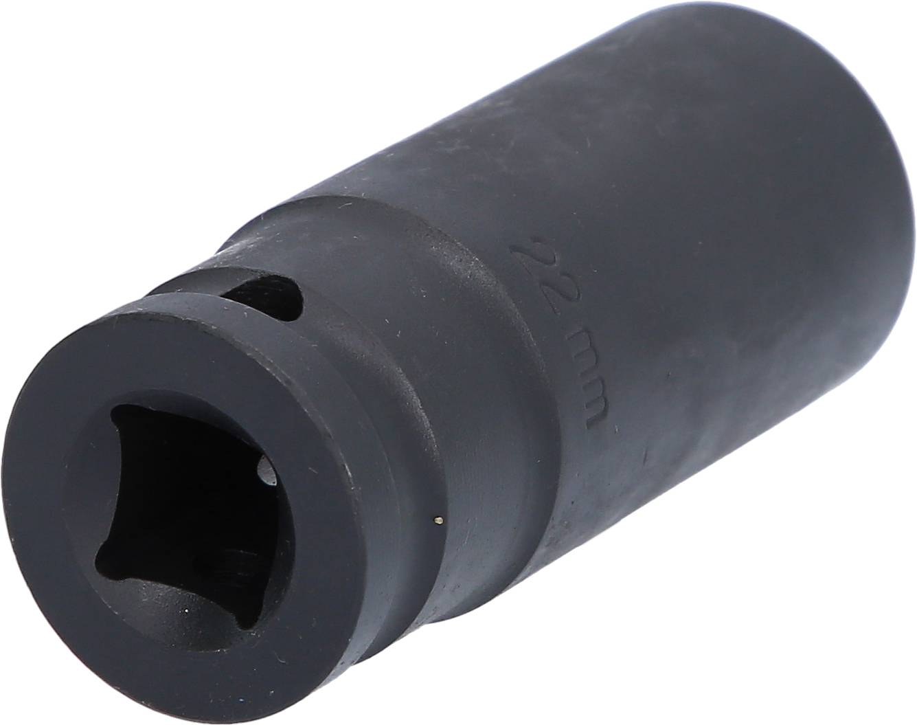 Schwarzes Steckschlüsselwerkzeug mit Beschriftung '12 mm' an der Seite, zylindrische Form, auf weißem Hintergrund.