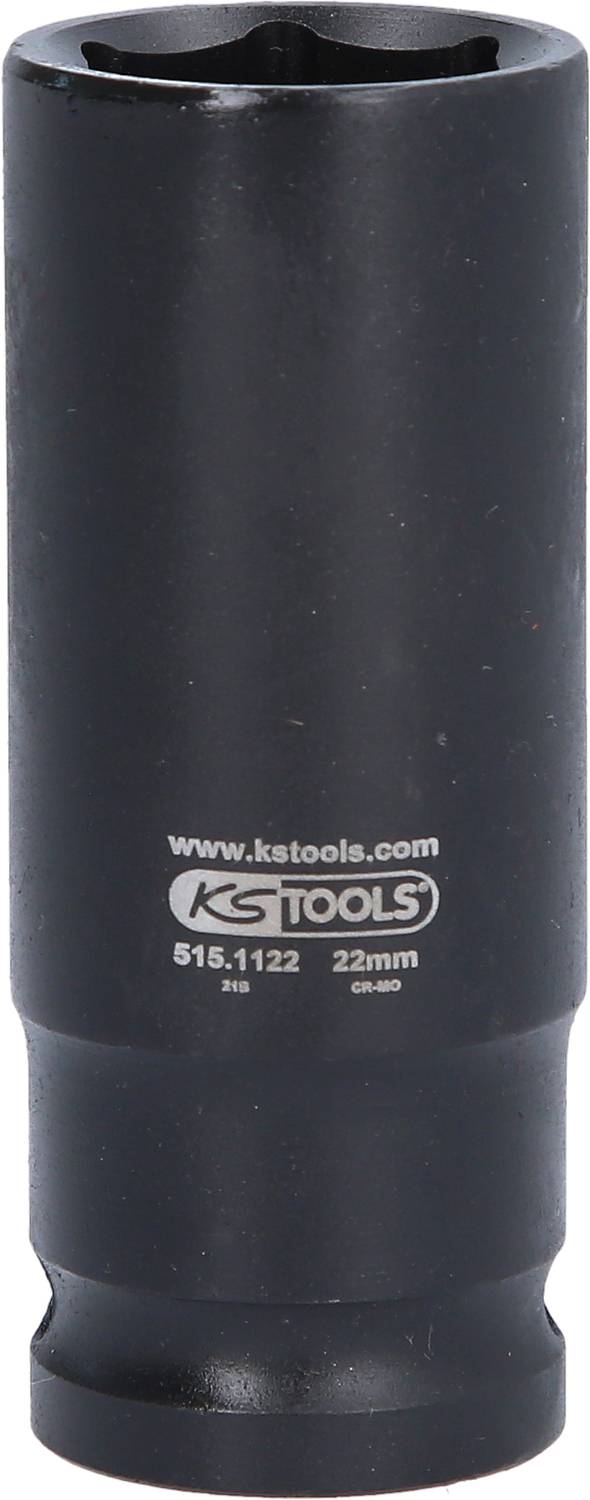 Langer Steckschlüssel aus Metall mit 22 mm Durchmesser, schwarzer Oberfläche und Aufschrift 'KS Tools'. Geeignet für Schraubarbeiten.