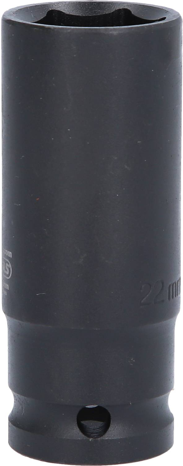 Eine schwarze Stecknuss mit einer Gravur von '22 mm' sichtbar auf der Seite, vermutlich ein Werkzeugaufsatz für Schraubarbeiten.