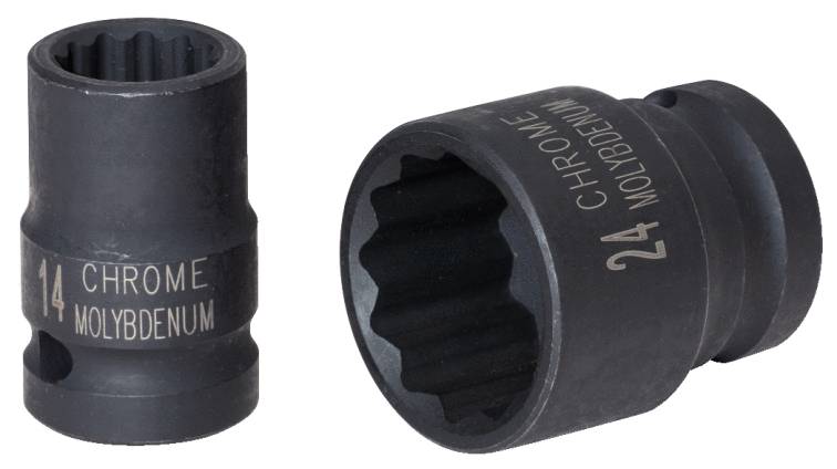 Zwei schwarze Schrauben-Nüsse mit der Aufschrift 'Chrome Molybdenum'. Eine ist mit '14', die andere mit '24' markiert.