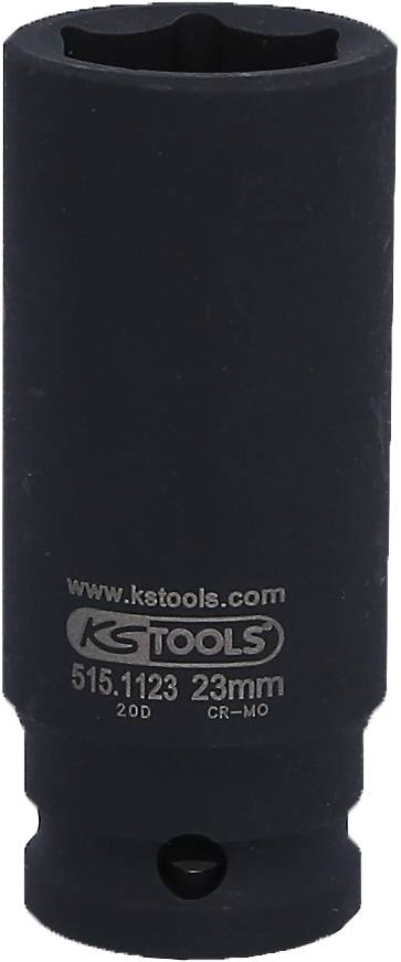 Eine schwarze Stecknuss mit der Aufschrift 'www.kstools.com KS TOOLS 515.1123 23mm CR-MO', geeignet für Reparaturarbeiten.
