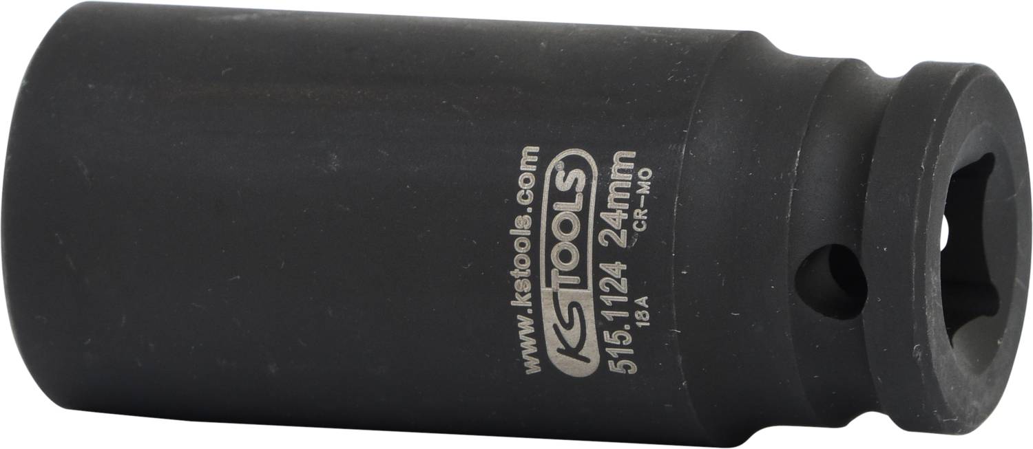 Schwarze Stecknuss aus Chrom-Molybdän-Stahl, Beschriftung mit 'KSTools', '515.1124', '24mm', geeignet für schwere Anwendungen.