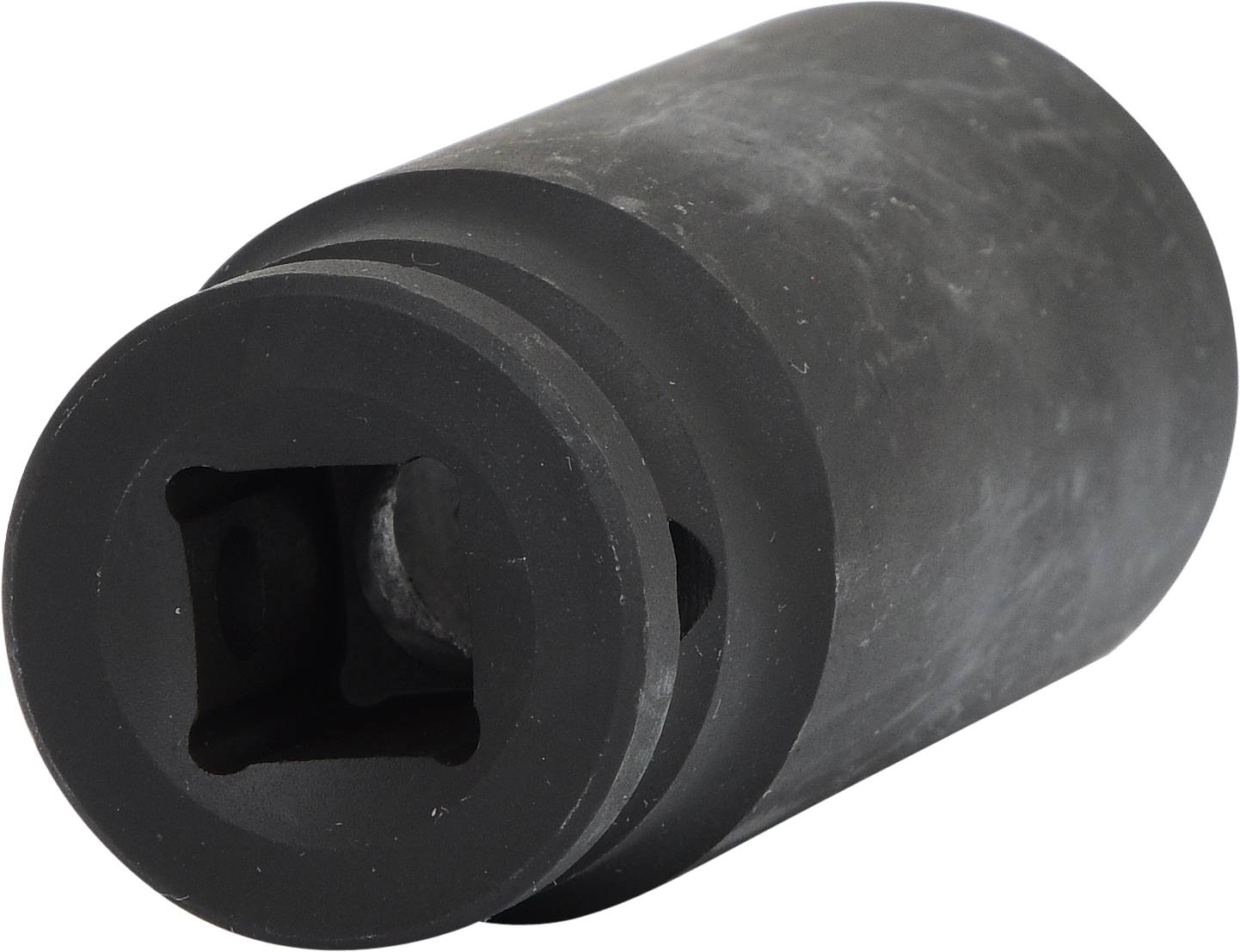 Zylinderförmiger schwarzer Metalladapter mit quadratischem Hohlraum. Verwendet zur Verbindung von Werkzeugen oder Maschinen.