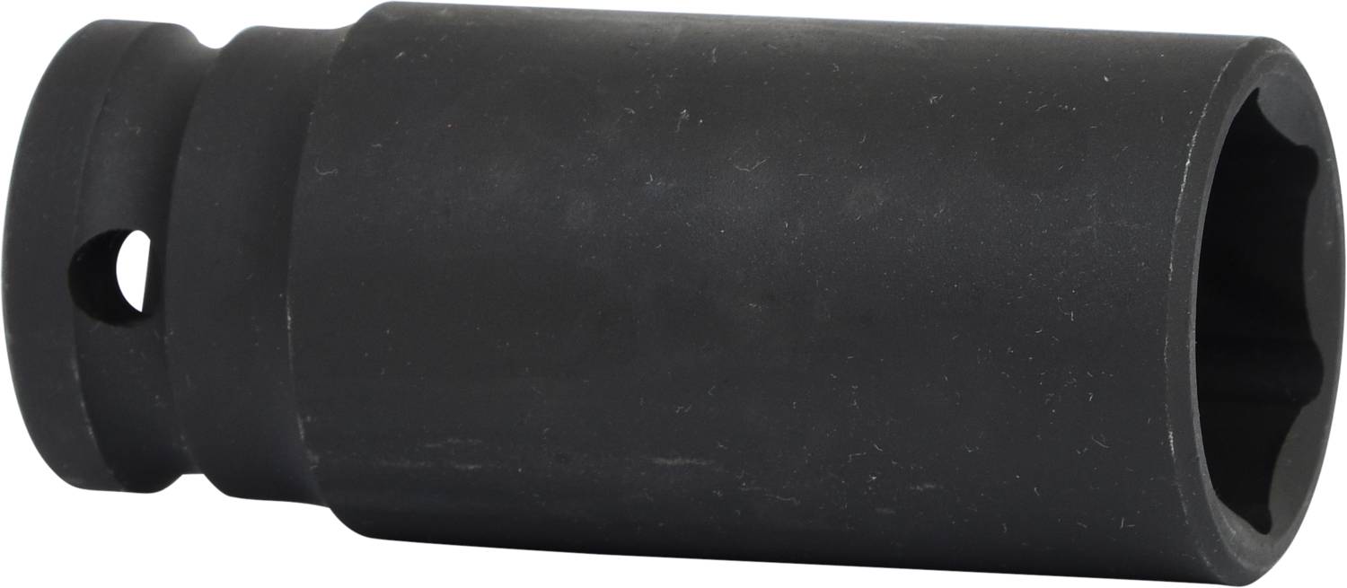 Eine schwarze Stecknuss mit sechskantiger Öffnung, verwendet für mechanische Anwendungen.