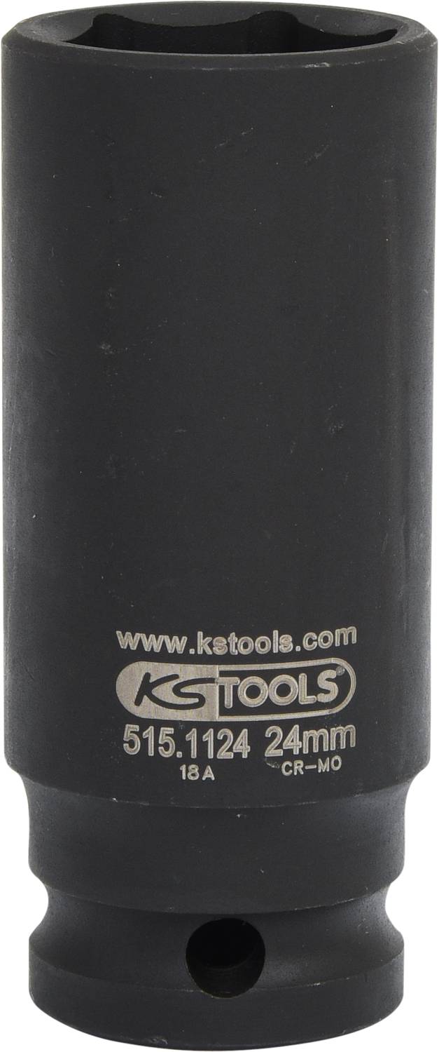 Schwarze 24mm-Stecknuss aus CR-MO-Stahl mit der Aufschrift 'www.ketools.com KG TOOLS 515.1124 24mm'.