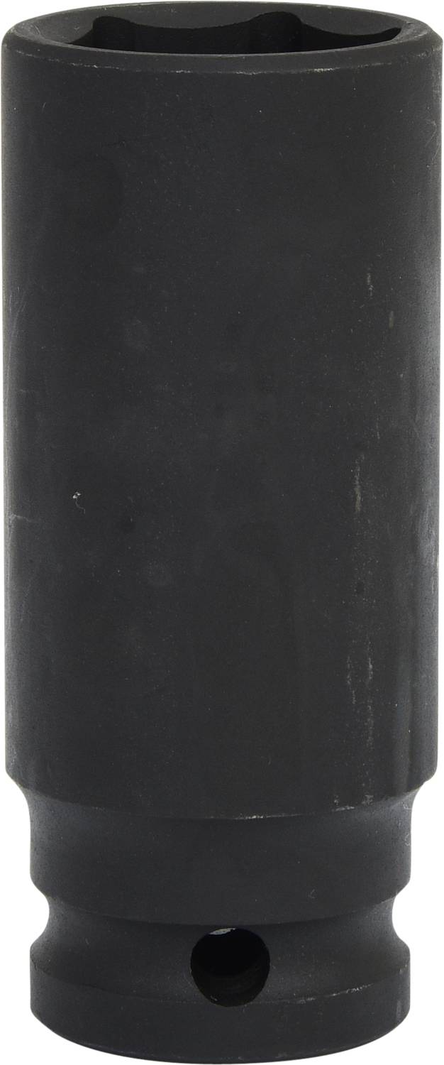 Ein schwarzer zylindrischer Metallaufsatz mit einem kleinen Loch am unteren Ende, das möglicherweise zu einem Werkzeug gehört.