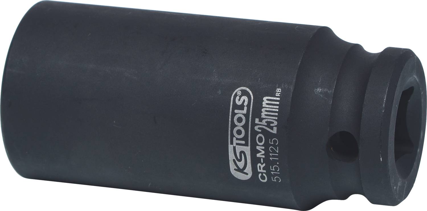 Schwarze 25 mm Stecknuss mit Aufschrift 'KS Tools CR-MO 25mm'. Sie ist zylindrisch, aus Metall und dient zum Anziehen von Schrauben.