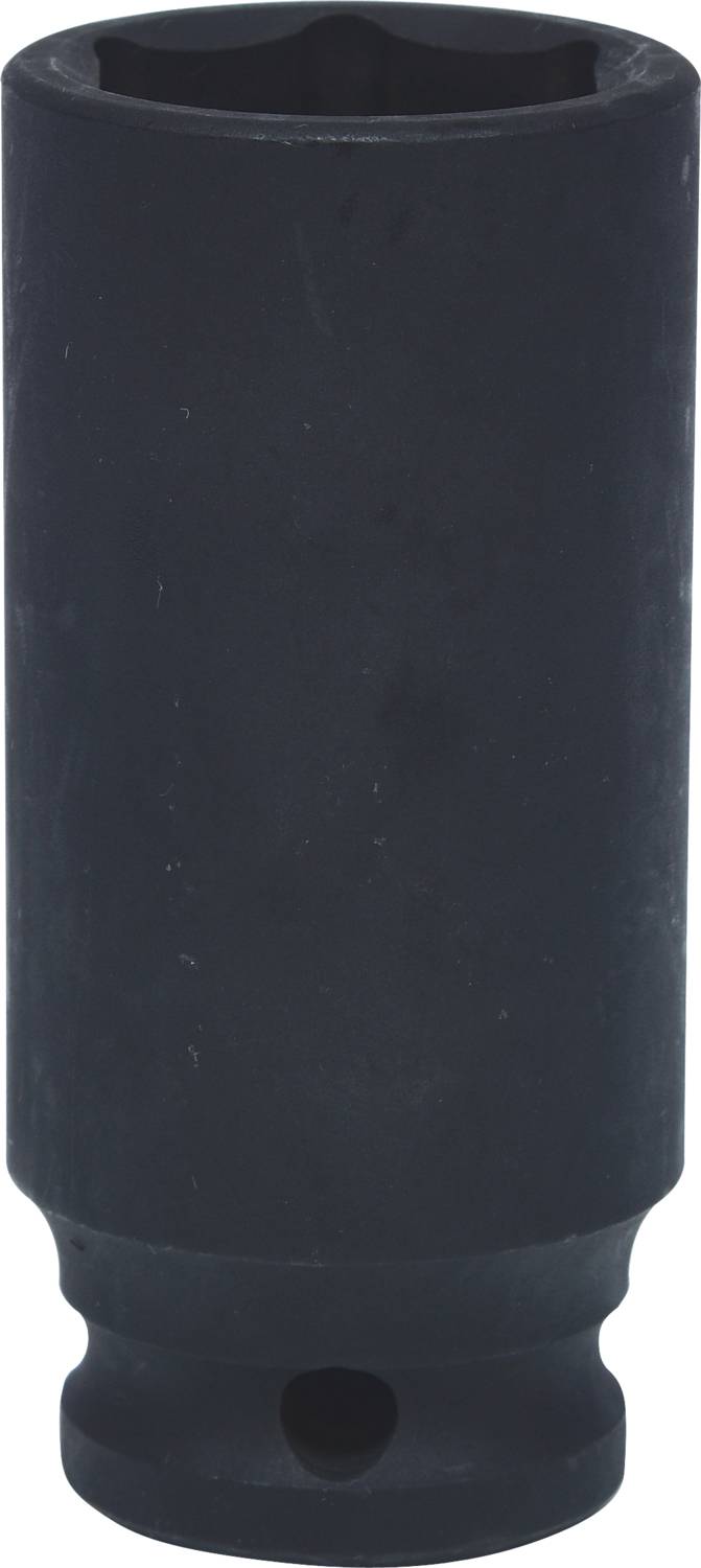 Ein schwarzer Steckschlüsselaufsatz, zylindrisch mit sechseckiger Öffnung oben und Loch unten, geeignet für mechanische Arbeiten.