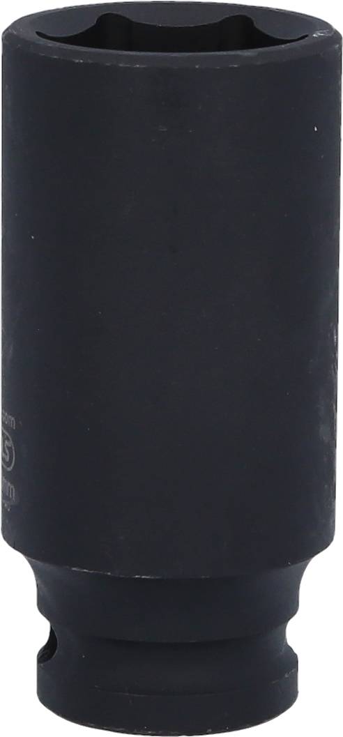 Ein schwarzer Steckschlüsselaufsatz, zylindrisch geformt, mit einer sechskantigen Öffnung für Schrauben oder Muttern.
