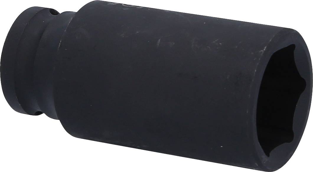 Abgebildet ist eine schwarze Stecknuss, die zum Anziehen oder Lösen von Schrauben mit einem Steckschlüssel verwendet wird.