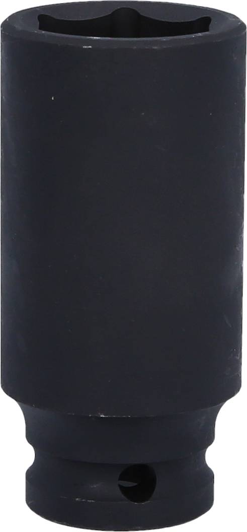 Eine schwarze Stecknuss, zylinderförmig, vor einem weißen Hintergrund. Verwendet für mechanische Arbeiten zum Festziehen oder Lösen von Schrauben.