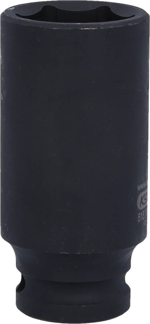 Eine schwarze Sechskant-Stecknuss aus Metall, zylindrisch geformt für mechanische Anwendungen wie das Lösen von Schrauben und Muttern.