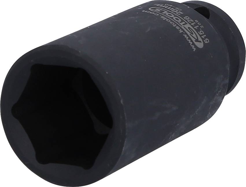 Schwarze Stecknuss, sechskantig, mit leichtem Winkel; geeignet zur Befestigung oder Lösung von Schrauben mit entsprechendem Werkzeug.