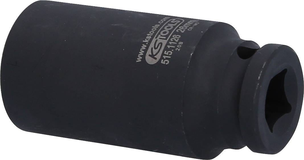 Eine schwarze Impulsschrauber-Nuss aus robustem Material mit der Aufschrift 'KS Tools 515.128' für den Einsatz in der Industrie.