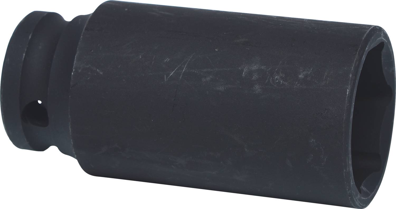 Ein schwarzer, zylindrischer Steckschlüsselaufsatz aus Metall. Geeignet für die Anwendung in der Industrie oder Heimwerken.