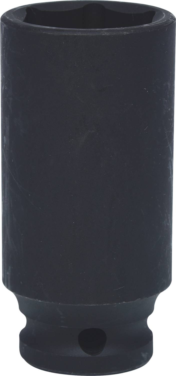 Eine schwarze Stecknuss aus Metall, zylinderförmig, mit einem sechseckigen Inneren zur Verwendung mit einem Schraubenschlüssel.