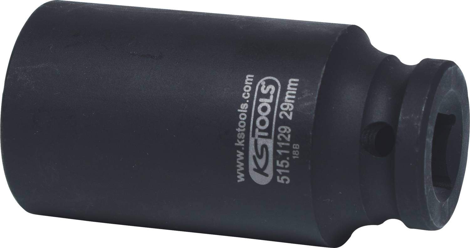 Schwarze Stecknuss von KS Tools; 29 mm Größe; zylindrische Form mit quadratischer Öffnung; Aufschrift 'www.kstools.com'.
